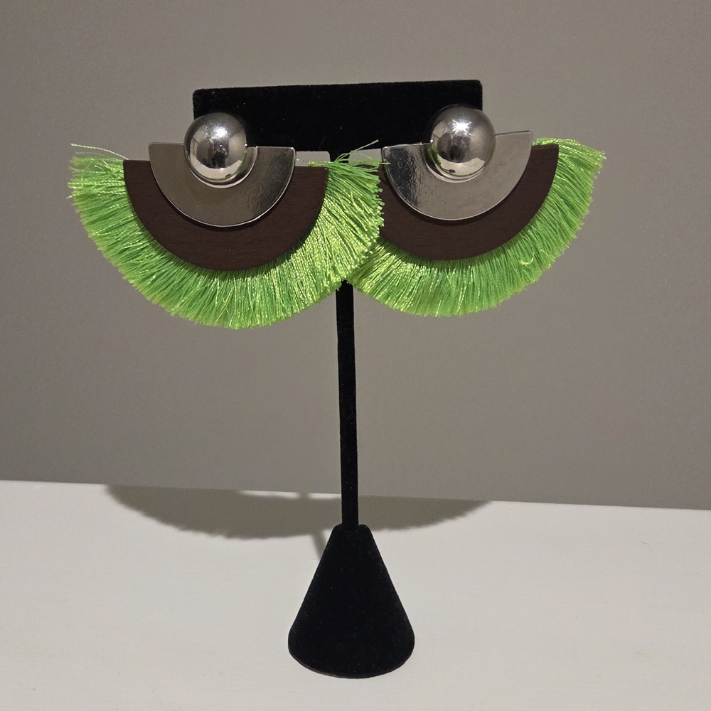 Silver and Green Fringe Earrings